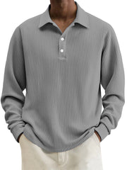 Men's Simple Solid Color Textured Lapel Long-sleeved Polo Shirt