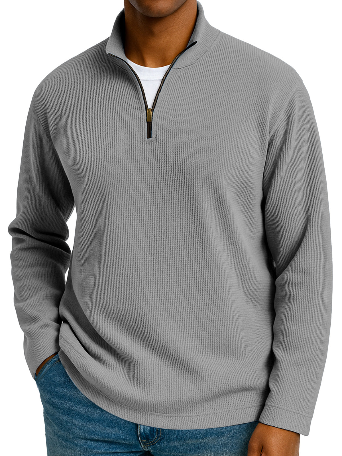Men's Simple Solid Color Waffle Zipper Stand Collar Long-sleeved Polo Shirt