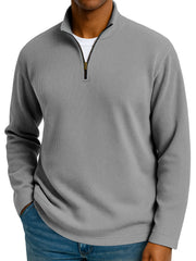 Men's Simple Solid Color Waffle Zipper Stand Collar Long-sleeved Polo Shirt