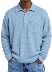 Men's Loose Simple Solid Color Waffle Long Sleeve Lapel Polo Shirt