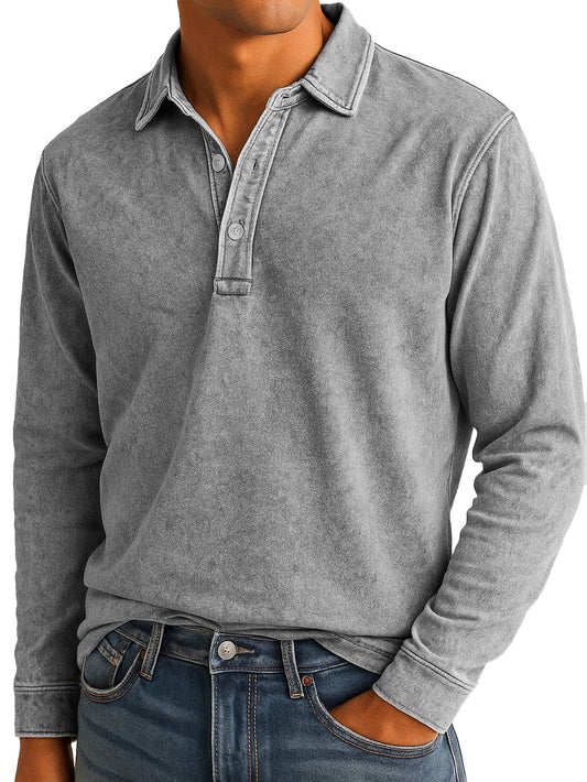 Men's Stylish Vintage Washed And Distressed Lapel Long-sleeved Polo Shirt 