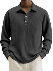 Men's Simple Solid Color Textured Lapel Long-sleeved Polo Shirt