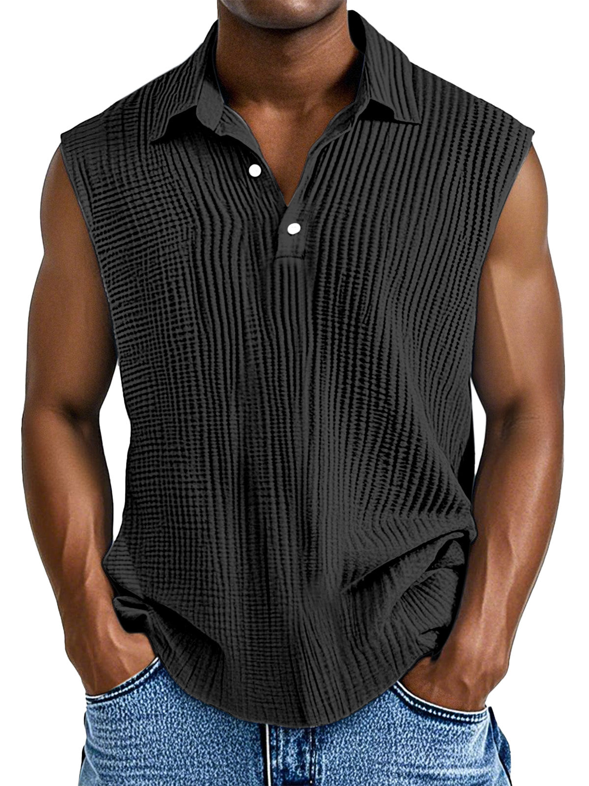 Men's Daily Casual Simple Pleated Texture Sleeveless Polo Shirt