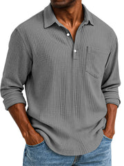 Men's Daily Casual Solid Color Textured Button Long Sleeve Polo Shirt