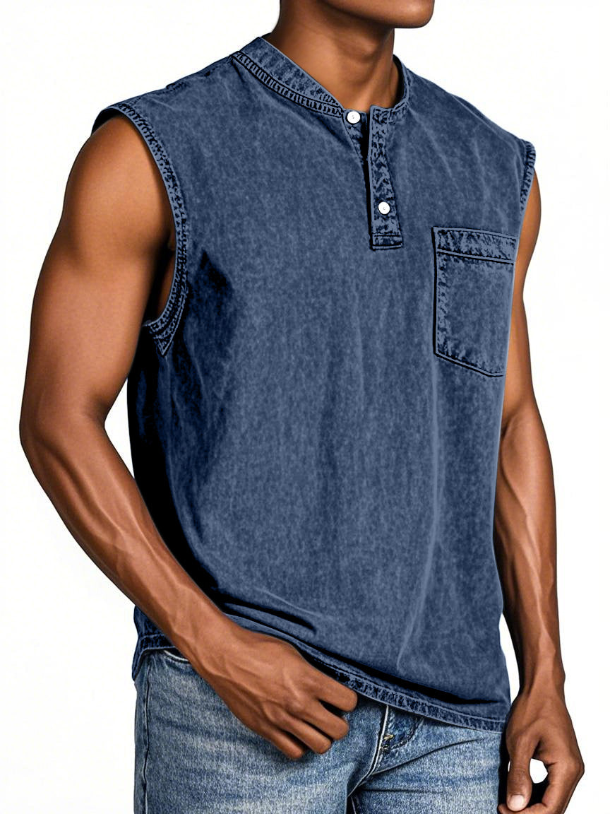 Men's Everyday Retro Solid Color Loose Sleeveless Henley Shirt
