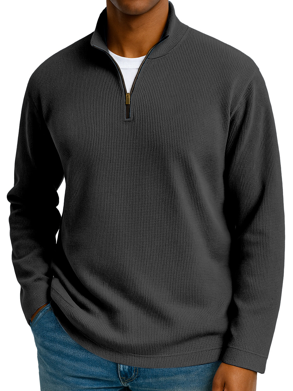 Men's Simple Solid Color Waffle Zipper Stand Collar Long-sleeved Polo Shirt