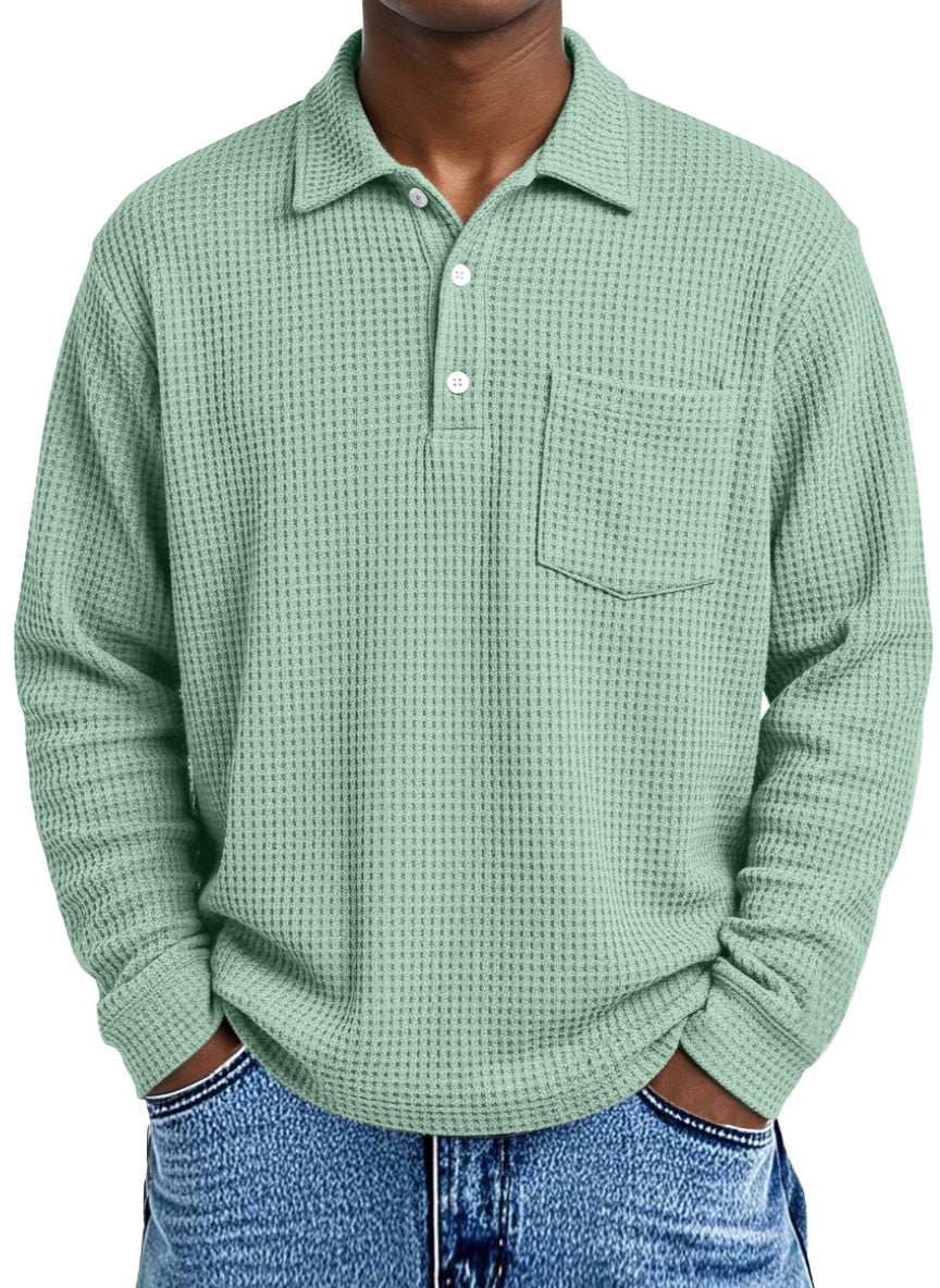 Men's Loose Simple Solid Color Waffle Long Sleeve Lapel Polo Shirt
