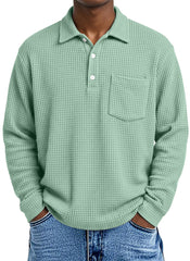 Men's Loose Simple Solid Color Waffle Long Sleeve Lapel Polo Shirt