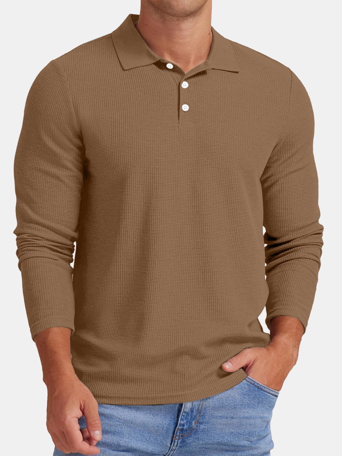 Men's Autumn Comfortable Solid Color Waffle Button Long Sleeve Polo Shirt