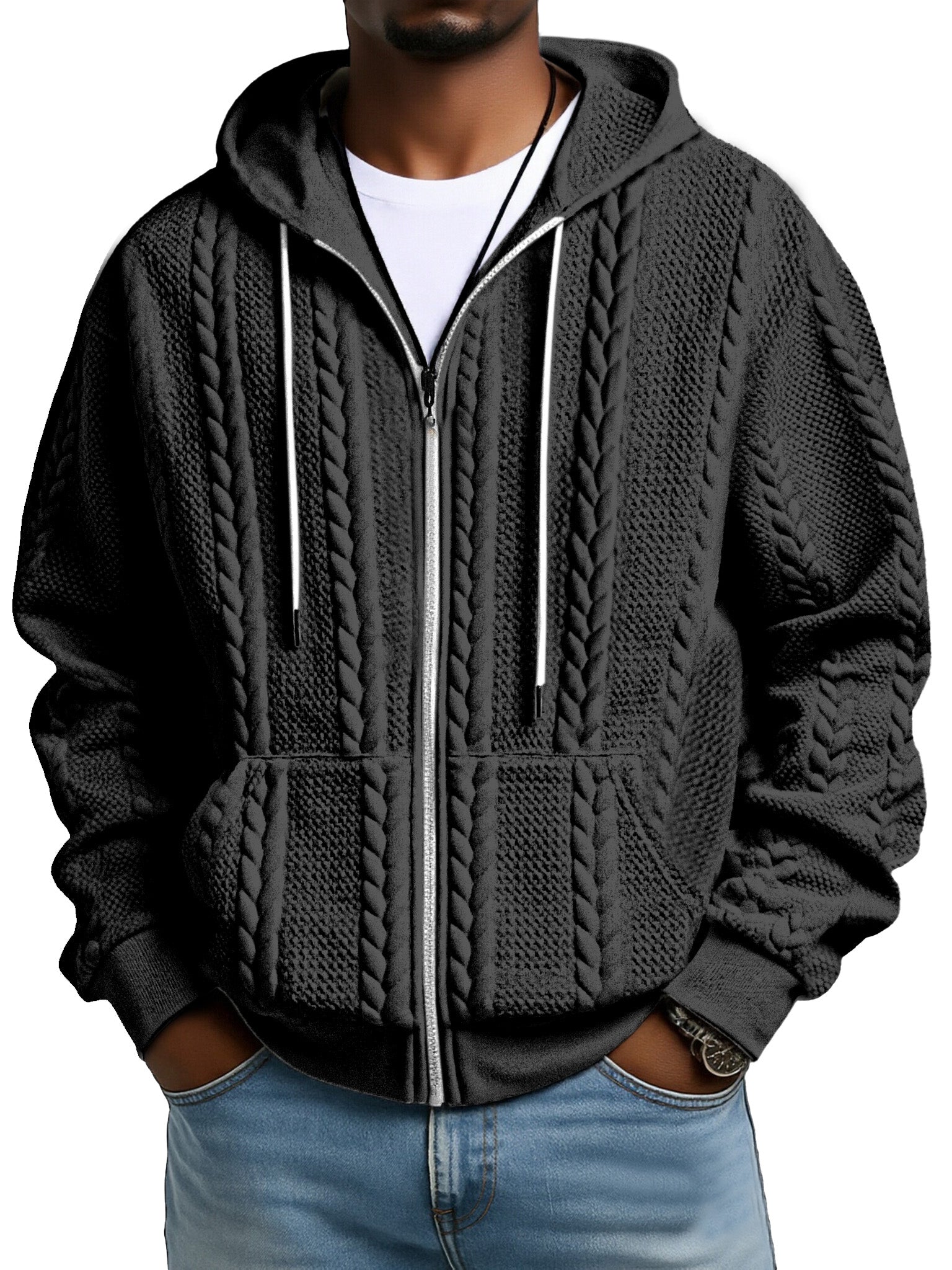 Fashionable Solid Color Twist Texture Hooded Zipper Sweatshirt Jacket