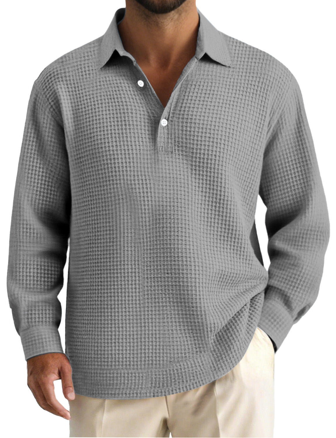 Men's Simple Solid Color Waffle Long Sleeve Polo Shirt