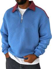 Men's Lapel Contrast Color Casual Loose Quarter Zip Sweatshirt