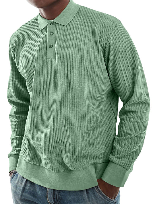 Men's Everyday Waffle Lapel Button-down Casual Long-sleeved Polo Shirt