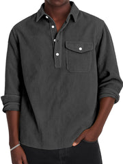 Men's Simple Solid Color Corduroy Lapel Long-sleeved Polo Shirt