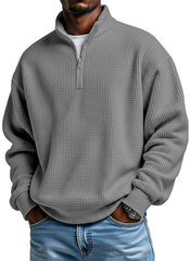 Men's Daily Loose And Simple Waffle Half-zip Stand Collar Long-sleeved Polo Shirt