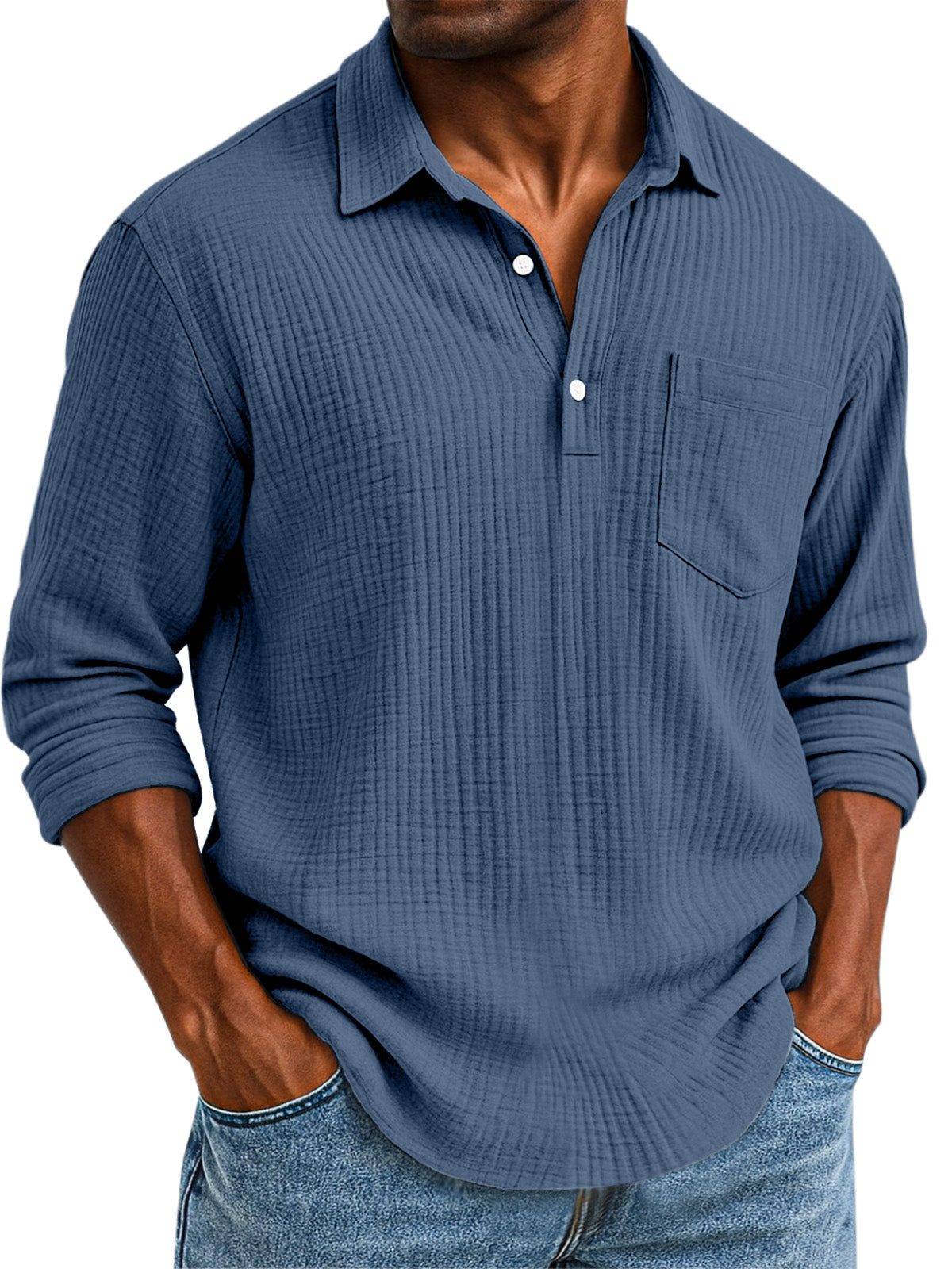 Men's Daily Casual Solid Color Textured Button Long Sleeve Polo Shirt