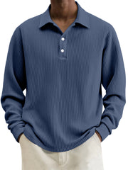 Men's Simple Solid Color Textured Lapel Long-sleeved Polo Shirt