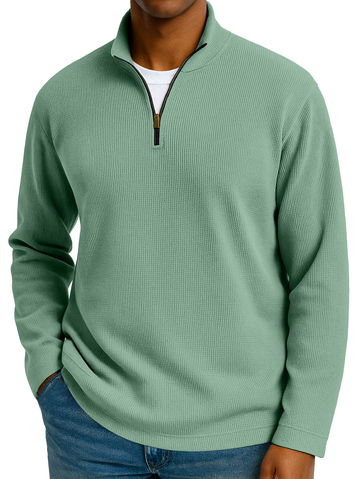 Men's Simple Solid Color Waffle Zipper Stand Collar Long-sleeved Polo Shirt
