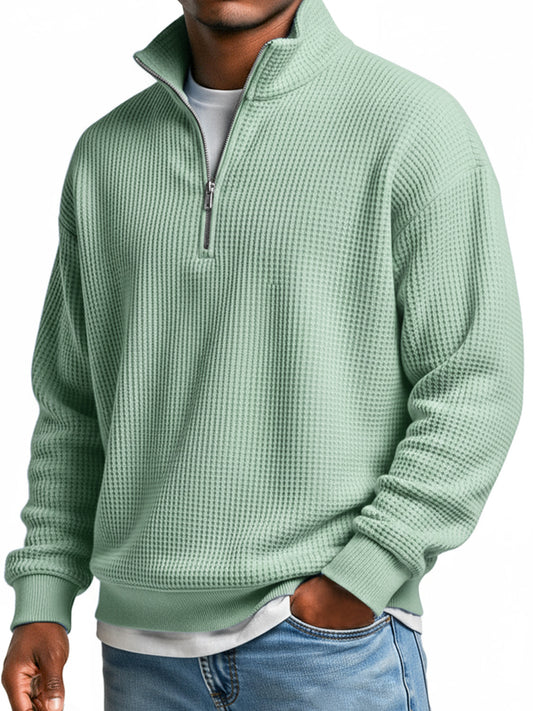 Men's Everyday Waffle Stand Collar Zipper Casual Long Sleeve T-shirt