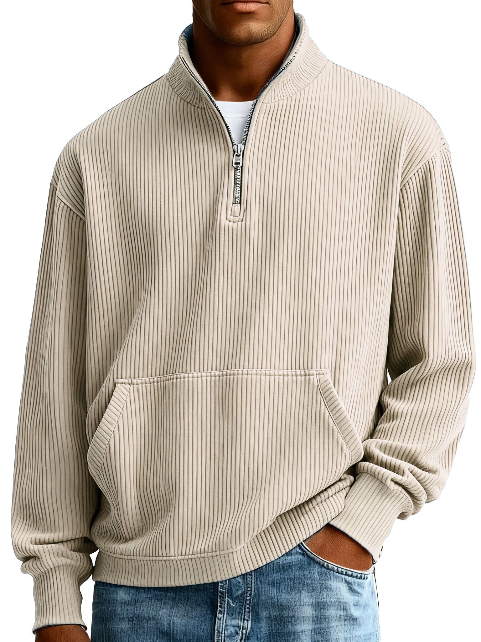  Men's Fashionable Casual Ribbed Fabric Stand-up Collar Half-zip Long-sleeved Sweatshirt