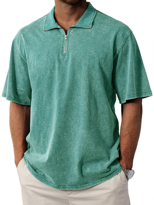 Men's Retro  Stand Collar Zipper Solid Color Short Sleeve T-Shirt