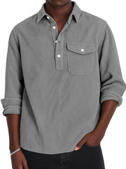 Men's Simple Solid Color Corduroy Lapel Long-sleeved Polo Shirt