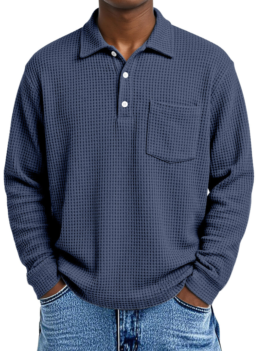 Men's Loose Simple Solid Color Waffle Long Sleeve Lapel Polo Shirt