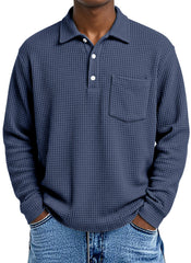 Men's Loose Simple Solid Color Waffle Long Sleeve Lapel Polo Shirt