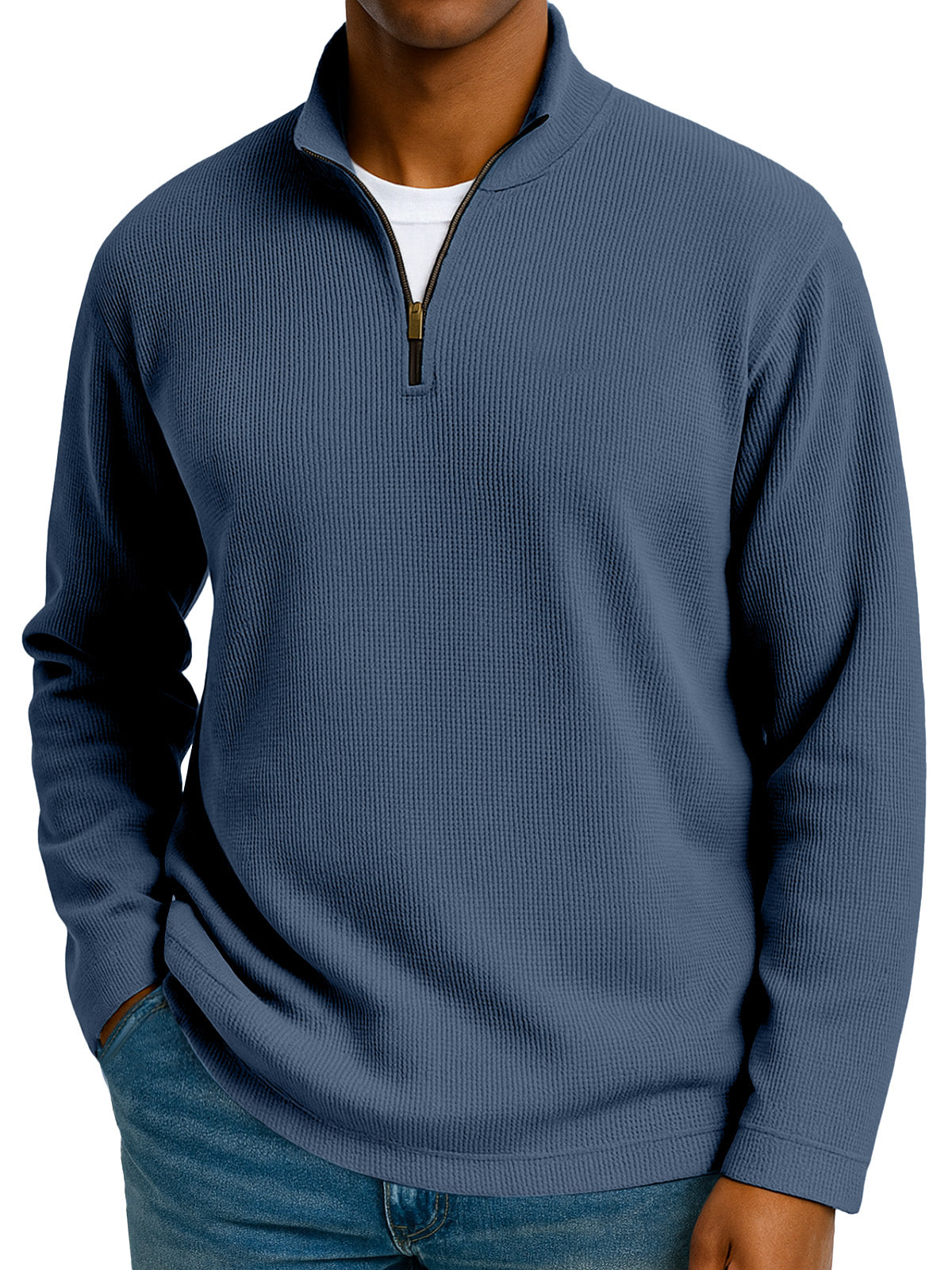 Men's Simple Solid Color Waffle Zipper Stand Collar Long-sleeved Polo Shirt