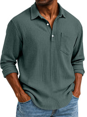 Men's Daily Casual Solid Color Textured Button Long Sleeve Polo Shirt