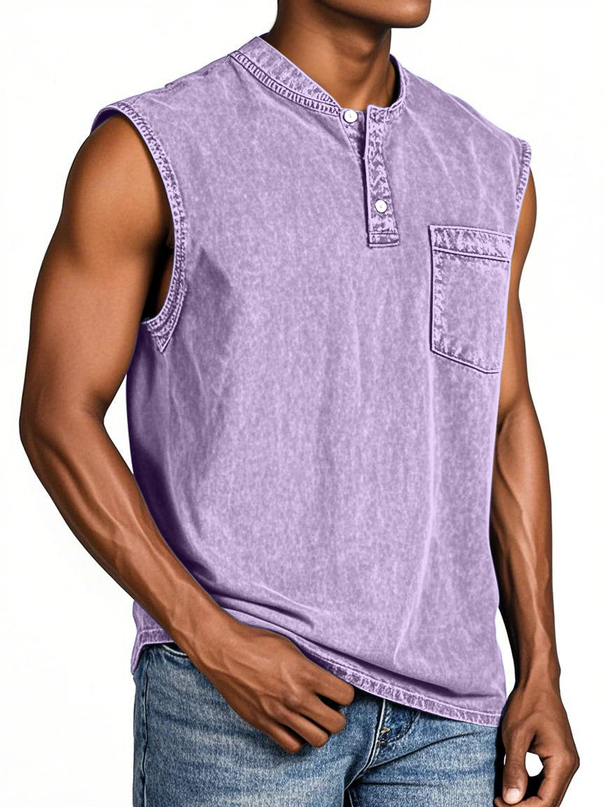 Men's Everyday Retro Solid Color Loose Sleeveless Henley Shirt