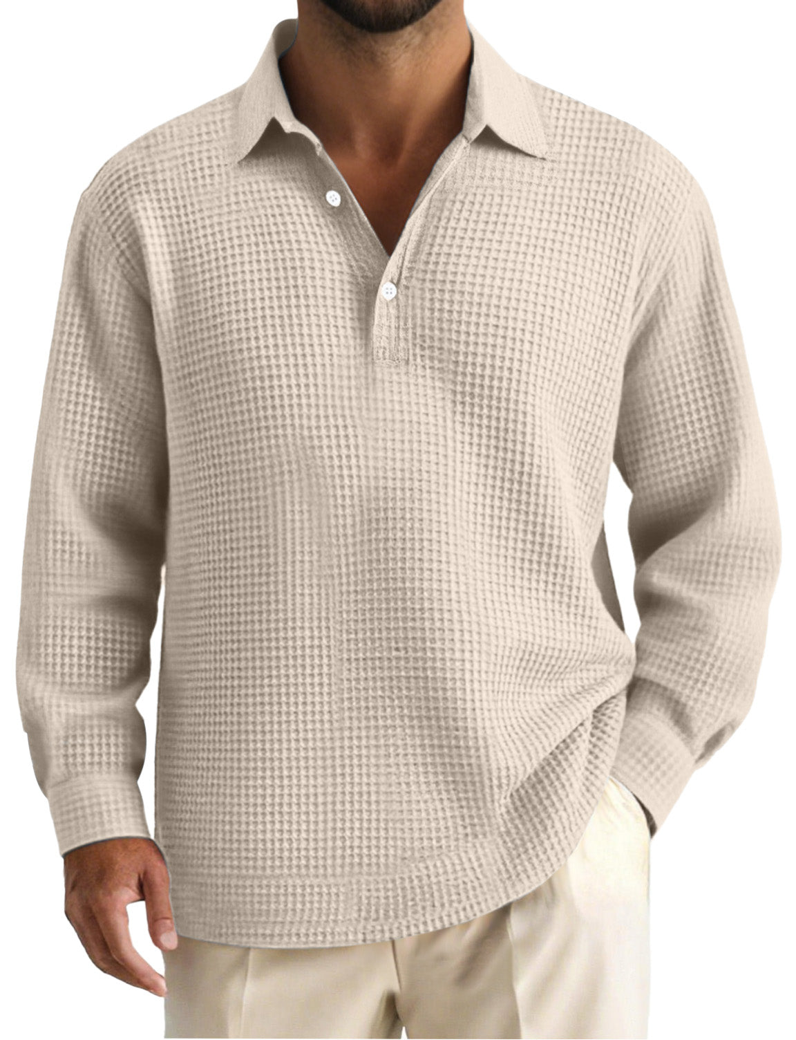 Men's Simple Solid Color Waffle Long Sleeve Polo Shirt