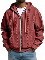 Fashionable Solid Color Twist Texture Hooded Zipper Sweatshirt Jacket