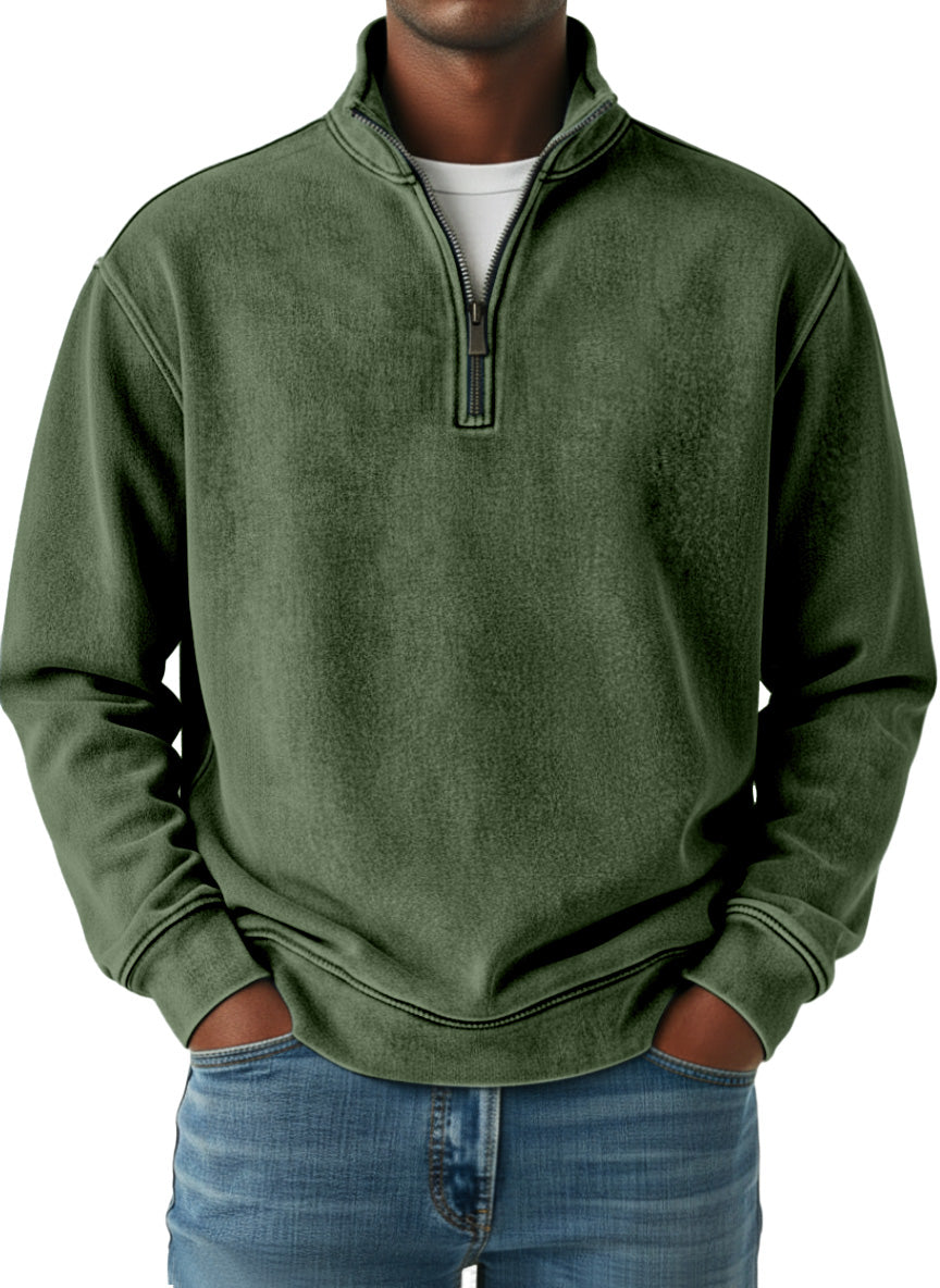 Men's Retro Solid Color Quarter Zip Long Sleeve Polo Shirt