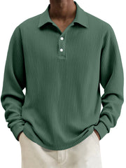 Men's Simple Solid Color Textured Lapel Long-sleeved Polo Shirt