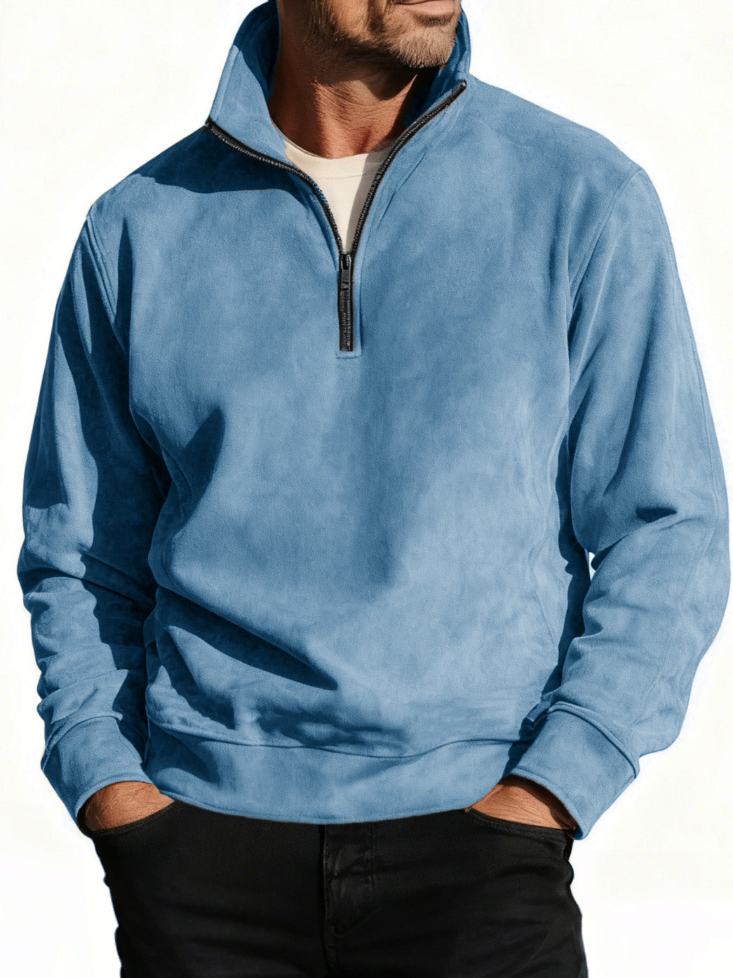 Men's Stylish Casual Suede Fabric Stand-up Collar Half-zip Long-sleeved Sweatshirt 