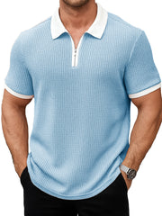 Men's Daily Casual Patchwork Waffle Fabric Lapel Short-sleeved Polo Shirt 