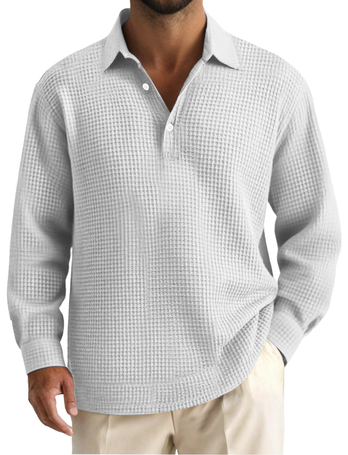 Men's Simple Solid Color Waffle Long Sleeve Polo Shirt