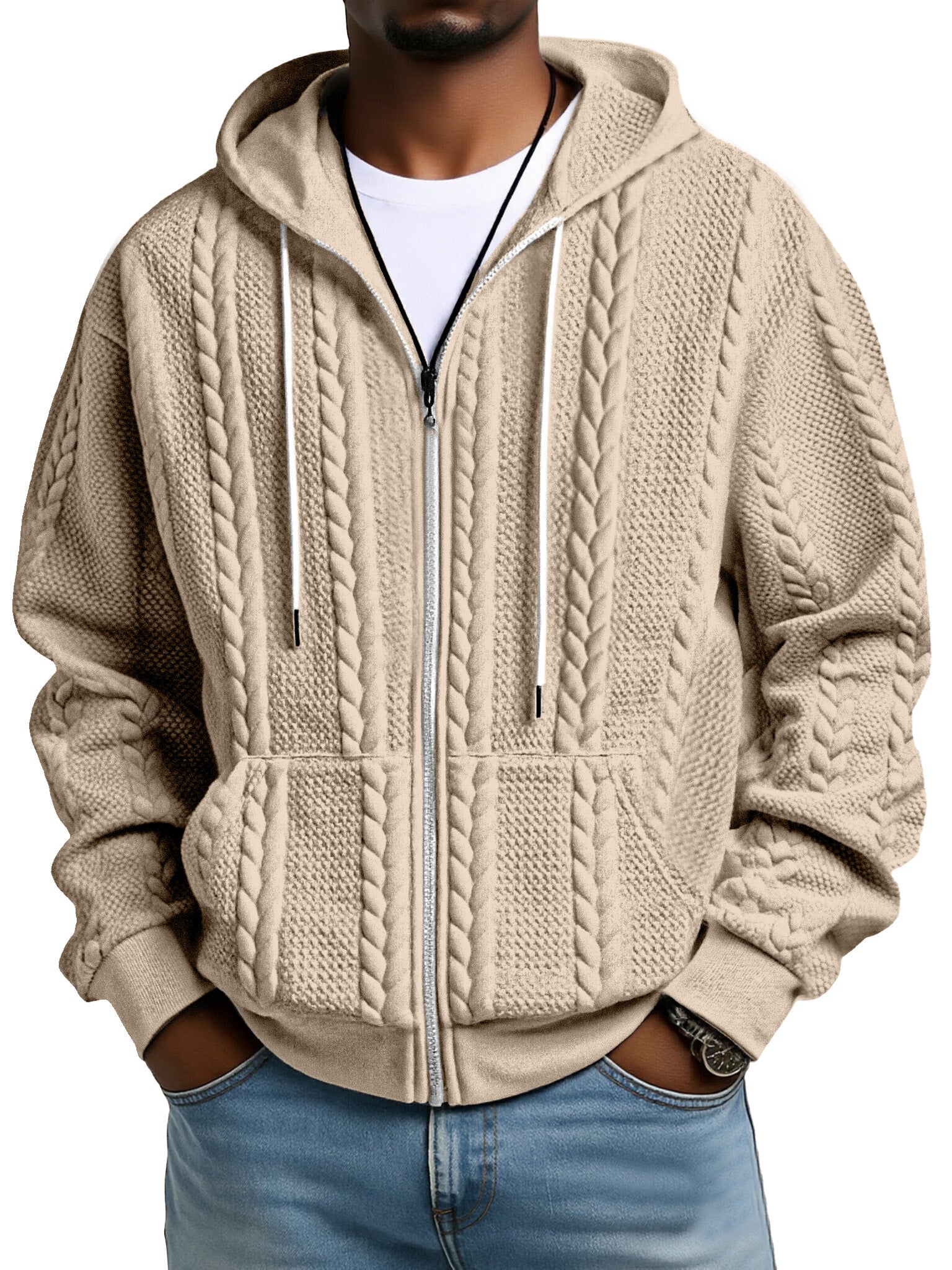 Fashionable Solid Color Twist Texture Hooded Zipper Sweatshirt Jacket