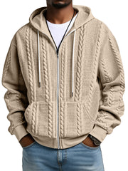 Fashionable Solid Color Twist Texture Hooded Zipper Sweatshirt Jacket