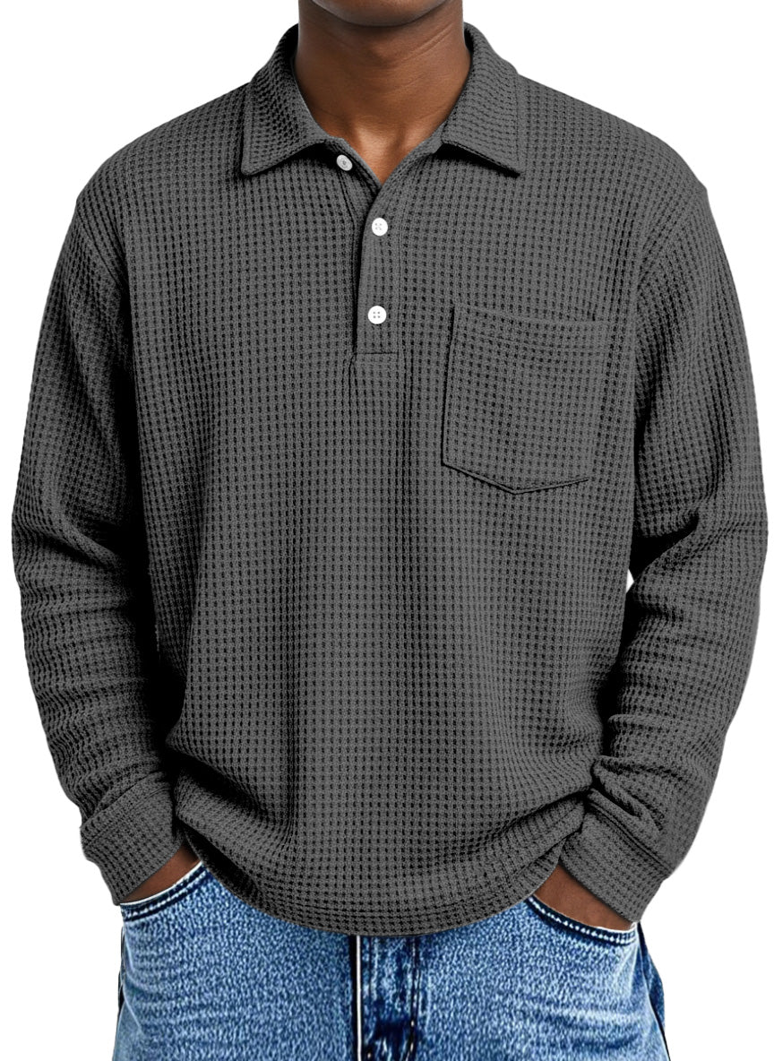 Men's Loose Simple Solid Color Waffle Long Sleeve Lapel Polo Shirt