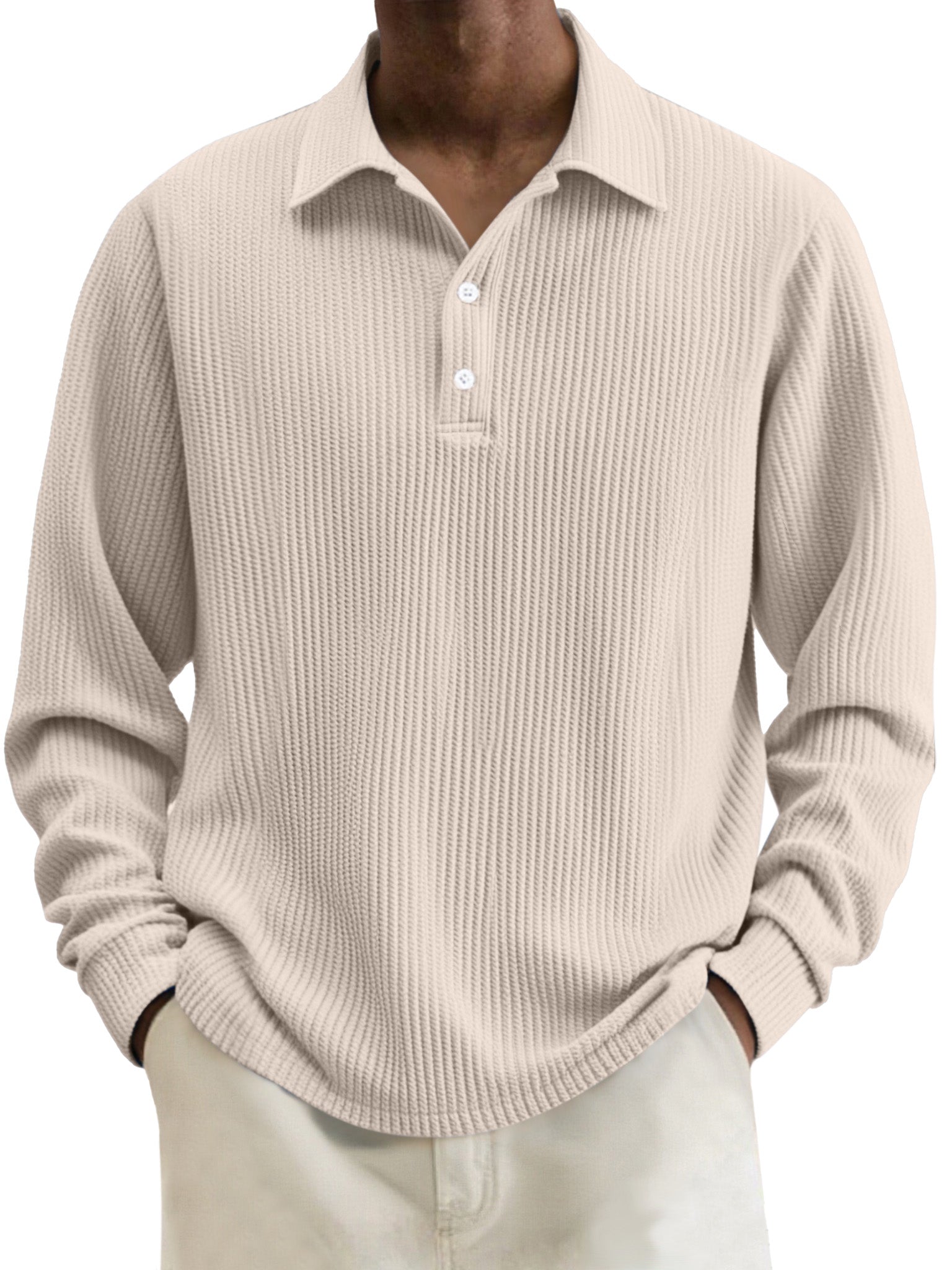 Men's Simple Solid Color Textured Lapel Long-sleeved Polo Shirt