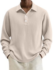 Men's Simple Solid Color Textured Lapel Long-sleeved Polo Shirt