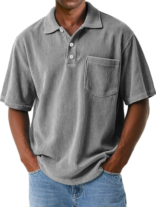 Men's Vintage Corduroy Lapel Pocket Solid Color Short Sleeve POLO Shirt