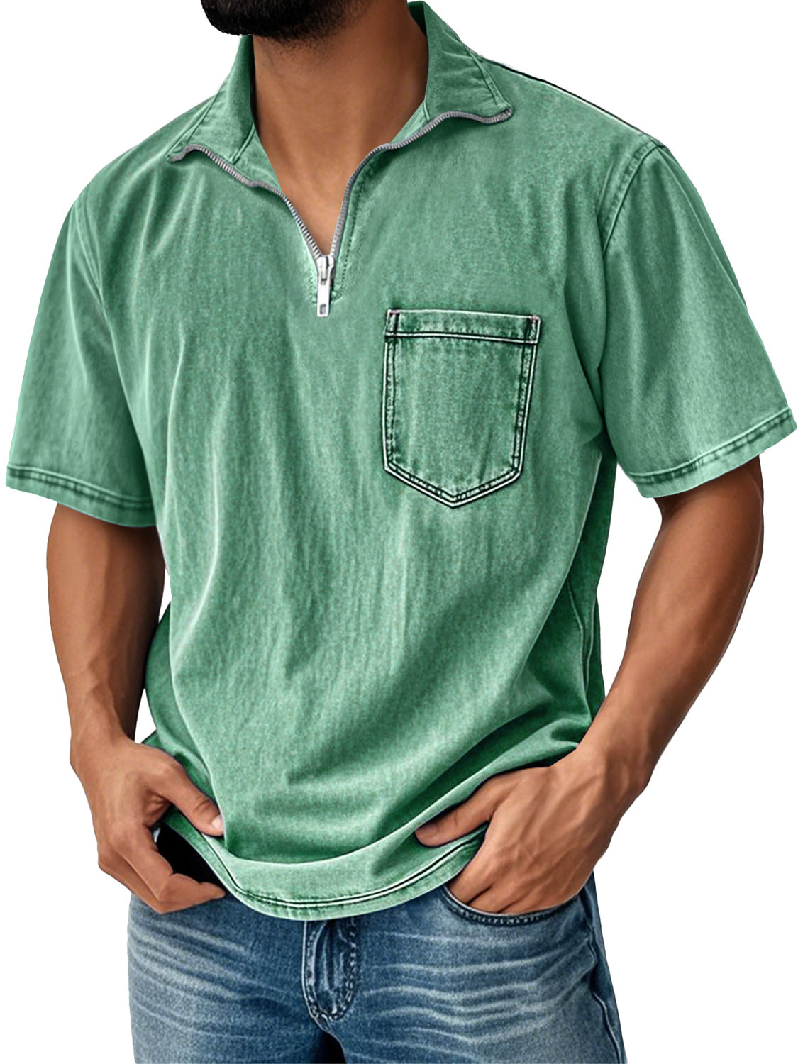 Men's Retro Daily Stand Collar Zipper Pocket Casual Short Sleeve T-shirt