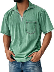 Men's Retro Daily Stand Collar Zipper Pocket Casual Short Sleeve T-shirt