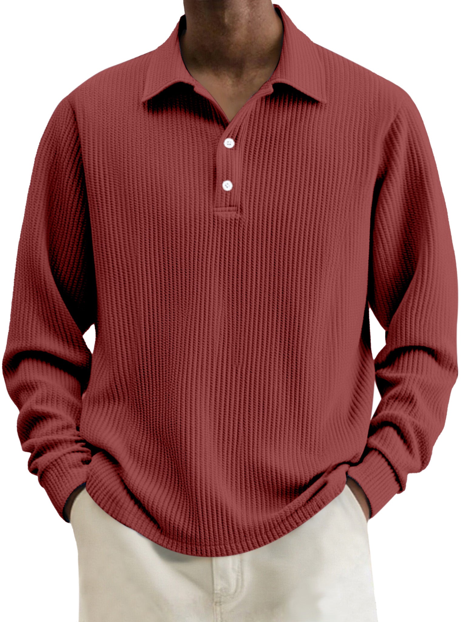 Men's Simple Solid Color Textured Lapel Long-sleeved Polo Shirt