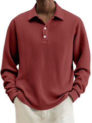 Men's Simple Solid Color Textured Lapel Long-sleeved Polo Shirt