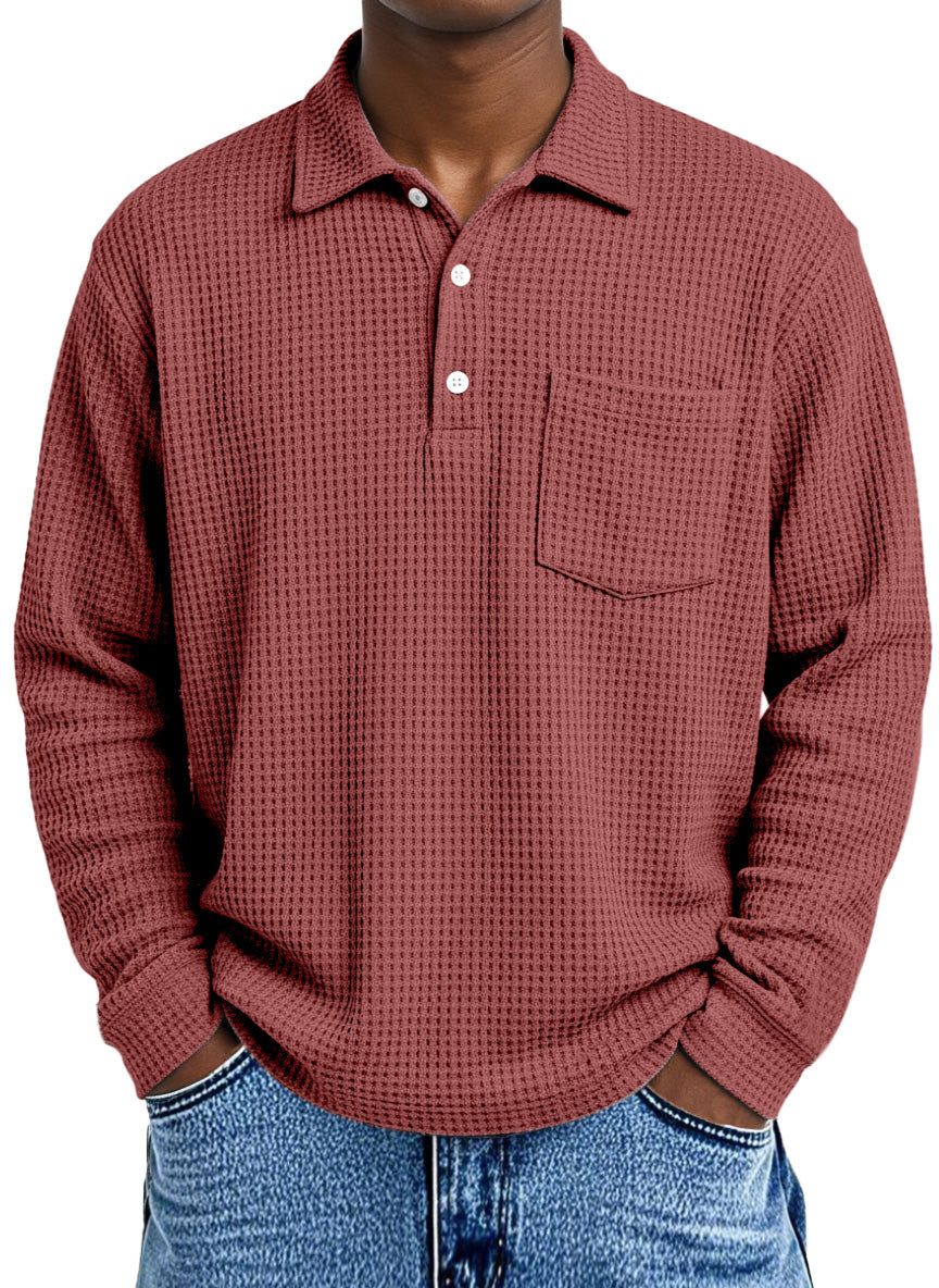 Men's Loose Simple Solid Color Waffle Long Sleeve Lapel Polo Shirt