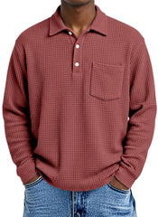 Men's Loose Simple Solid Color Waffle Long Sleeve Lapel Polo Shirt
